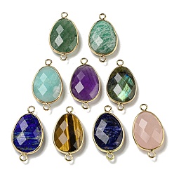 Mixed Stone Natural Mixed Gemstone Connector Charms, Faceted Teardrop Charms with Light Gold Tone Brass Edge, 31.5~32x17~17.5x6.5~7mm, Hole: 2.2mm