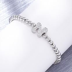 Letter N Латунные круглые бусины эластичные браслеты, Подвеска в виде буквы из латуни с микропаве из прозрачного кубического циркония для женщин, без свинца и без кадмия, стойки покрытие, платина, Письмо N, внутренний диаметр: 2~2-1/8 дюйм (5~5.5 см)