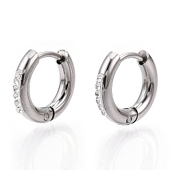 Stainless Steel Color 201 Stainless Steel Huggie Hoop Earrings, with 304 Stainless Steel Pins and Crystal Rhinestone, Ring, Stainless Steel Color, 13.5x2.5mm, Pin: 1mm