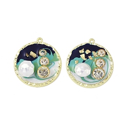 Black Rack Plating Alloy Enamel Pendants, with Resin, ABS Imitation Pearl Beads, Rhinestone and Glass Beads, Cadmium Free & Nickel Free & Lead Free, Flat Round, Black, 36x33.5x7mm, Hole: 1.8mm