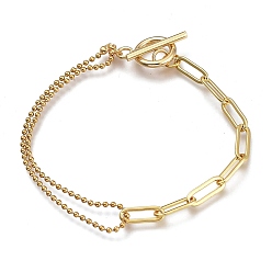 Golden Chain Bracelets, with Brass Paperclip Chains, 304 Stainless Steel Ball Chains & Toggle Clasps, Golden, 7-1/2 inch(19cm)