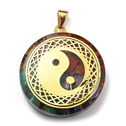 Mixed Stone Mixed Gemstone Flat Round Pendants, Chakra Charms with Golden Plated Alloy Yinyang Slice, 39.5x35x10.5mm, Hole: 6.5x4mm