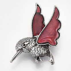 Red Shell Brooches/Pendants, with Resin Bottom and Alloy Findings, Bird, Antique Silver, Red, 31~32x53.5x12~12.5mm, hole: 6x3mm, Pin: 0.7mm