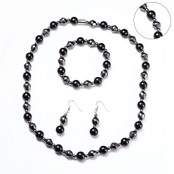 Platinum Necklaces & Stretch Bracelets & Dangle Earrings Jewelry Sets, with Stainless Steel Findings, Magnetic Synthetic Hematite and Natural Black Agate Beads, Platinum, 20.6 inch(52.5cm), 49.5mm, Pin: 0.6mm, 1-7/8 inch(4.9cm)