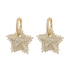 Звезда Латунные серьги-кольца из прозрачного кубического циркония, долговечный, стойки покрытие, реальный 18 k позолоченный, звезда, 32x25 мм