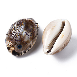 Tan Printed Natural Cowrie Shell Beads, No Hole, Fish, Tan, 51~58x33~37x28~32mm