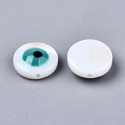 Light Sea Green Natural Freshwater Shell Beads, with Enamel, Flat Round with Evil Eye, Light Sea Green, 9x3.5mm, Hole: 0.8mm