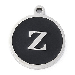 Letter Z 201 подвески из нержавеющей стали, с черной эмалью, цвет нержавеющей стали, плоские круглые с буквы, Письмо Z, 18.5x15.5x2 мм, отверстие : 1.6 мм