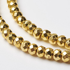 Golden Plated Non-magnetic Synthetic Hematite Beads Strands, Faceted, Rondelle, Golden Plated, 4x3mm, Hole: 1mm, about 108pcs/strand, 15.7 inch