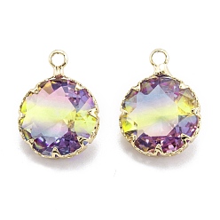 Colorful Two Tone Transparent Glass Pendants, with Golden Plated Brass Settings, Faceted, Diamond, Colorful, 16.5x12.5x6.5mm, Hole: 1.8mm