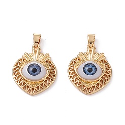 Steel Blue Brass Pendants, with Resin Cabochons, Long-Lasting Plated, Heart with Evil Eye, Real 18K Gold Plated, Steel Blue, 28.5x22.5x7mm, Hole: 5x3.5mm