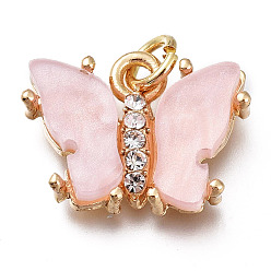 Pink Brass Micro Pave Clear Cubic Zirconia Pendants, with Resin and Jump Rings, Long-Lasting Plated, Butterfly Shape, Flower Pattern on Back, Golden, Pink, 13x17x3.5mm, Hole: 3mm