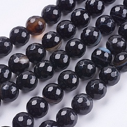 Black Natural Striped Agate/Banded Agate Beads Strands, Round, Faceted, Dyed, Black, 6mm, Hole: 1mm, about 62pcs/strand, 14.5 inch(37cm)