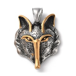 Antique Silver & Antique Golden Ion Plating(IP) 304 Stainless Steel Pendants, Viking Wolf Head Charm, Antique Silver & Antique Golden, 36x28.5x9.5mm, Hole: 8.5x4mm