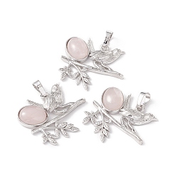 Rose Quartz Natural Rose Quartz Pendants, with Platinum Tone Brass Findings, Cadmium Free & Lead Free, Bird with Oval Charms, 29x32x6mm, Hole: 5x8mm