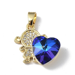 Medium Blue Real 18K Gold Plated Rack Plating Brass Micro Pave Clear Cubic Zirconia Pendants, with Glass, Long-Lasting Plated, Cadmium Free & Lead Free, Girl with Heart Charm, Medium Blue, 20.8x17x8mm, Hole: 6x3mm