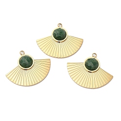 African Jade Ion Plating(IP) 316 Stainless Steel Pendants, Natural African Jade Fan Charms, Faceted, Real 24K Gold Plated, 19x24x4mm, Hole: 1.6mm