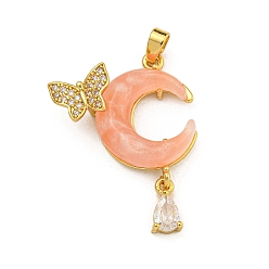 Светло-Коралловый Стойка металлическая латунная микропрофилированная кубическая циркония подвески, cmолой, долговечный, реальный 18 k позолоченный, луна и бабочка, свет коралловый, 33x20x7.5 мм, отверстие : 2.5x3.5 мм