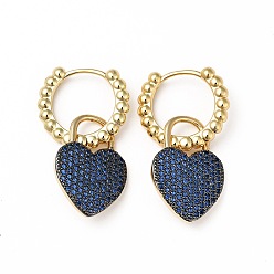 Marine Blue Cubic Zirconia Heart Padlock Dangle Hoop Earrings, Real 18K Gold Plated Brass Jewelry for Women, Cadmium Free & Lead Free, Marine Blue, 30mm, Pin: 1mm
