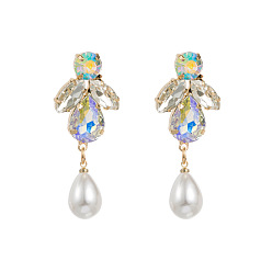 white Sparkling Rhinestone Alloy Earrings with Pearl Drops for Women's Fashion Statement Jewelry