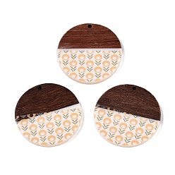 Sandy Brown Printed Resin & Wood Pendants, Flat Round Charm with Flower Pattern, Sandy Brown, 35x2~3mm, Hole: 2mm