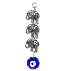 Antique Silver Glass Blue Evil Eye Pendant Decorations, with Alloy Elephant Link, for Wall Car Hanging Decoration, Antique Silver, 215x40mm