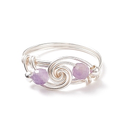 Amethyst Natural Amethyst Beaded Spiral Finger Ring, Brass Wire Wrap Jewelry for Women, Silver, US Size 8 1/2(18.5mm)