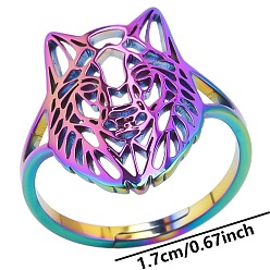 Rainbow Color 304 Stainless Steel Adjustable Ring, Hollow Wolf, Rainbow Color, Inner Diameter: 17mm