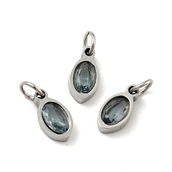 Light Steel Blue 304 Stainless Steel Pendants, with Cubic Zirconia and Jump Rings, Single Stone Charms, Oval, Stainless Steel Color, Light Steel Blue, 10x5x3mm, Hole: 3.4mm