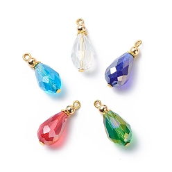 Mixed Color Electroplate Glass Pendants, with Iron Findings, Faceted Teardrop, Mixed Color, 23x10mm, Hole: 1.6mm