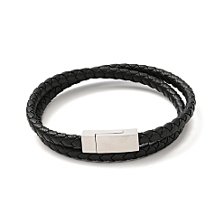 Black Microfiber Leather Braided Double Loops Wrap Bracelet with 304 Stainless Steel Magnetic Clasp for Men Women, Black, 16-3/4 inch(42.5cm)