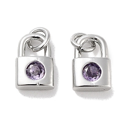 Medium Purple Brass Micro Pave Cubic Zirconia Charms, with Jump Ring, Lock, Platinum, Medium Purple, 9x5.5x2.5mm, Hole: 1.6mm