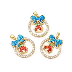 Дом Рождественские тематические латунные подвески с микропаве и кубическим цирконием, с эмалью и синтетическим опалом, долговечный, без свинца и без кадмия, реальный 18 k позолоченный, кольцо с бантом, дом, 25.5x23x5 мм, отверстие : 2.5x5 мм