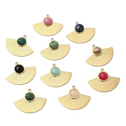 Mixed Stone Ion Plating(IP) 316 Stainless Steel Pendants, Natural & Synthetic Mixed Gemstone Fan Charms, Faceted, Real 24K Gold Plated, 19x24x4mm, Hole: 1.6mm
