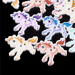 Mixed Color 2-Hole Printed Wooden Buttons, Lead Free, Dyed, Unicorn, Mixed Color, 31.5x27x2.5mm, Hole: 2mm