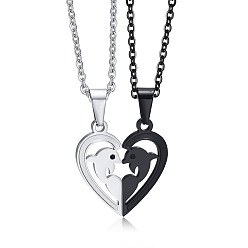 Dolphin Stainless Steel Couple Pendants, Split Heart Charm for Valentine's Day, Dolphin, 29.7x28mm
