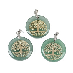 Зеленый Авантюрин Плоские круглые подвески из натурального зеленого авантюрина, подвески в виде дерева жизни с платиновым покрытием, латунные, с застежкой на дужке, без кадмия и без свинца, 30.5~32x25~25.5x6.5~7.5 мм, отверстие : 4.5x3.5 мм