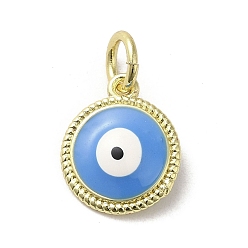 Deep Sky Blue Brass Enamel Charms, with Jump Ring, Real 18K Gold Plated, Flat Round with Evil Eye Charm, Deep Sky Blue, 13.5x11.5x3.7mm, Hole: 3.2mm