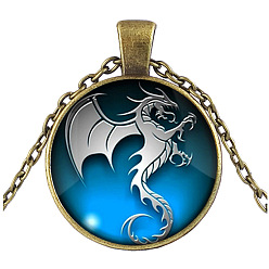 Antique Bronze Blue Dragon Theme Glass Flat Round Pendant Necklace with Alloy Chains, Antique Bronze, 27.56 inch(70cm)