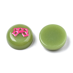 Yellow Green Opaque Resin Enamel Cabochons, Flat Round with Deep Pink Bowknot, Yellow Green, 14.5x5.5mm