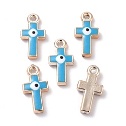 Deep Sky Blue CCB Plastic Enamel Pendants, Cross with Evil Eye, Deep Sky Blue, 21.5x11x4mm, Hole: 1.6mm