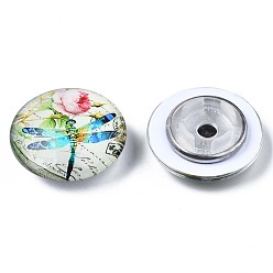 Dragonfly Glass Paper Snap Buttons, with Plastic & Iron Snap Caps, Garment Buttons, Flat Round with Animal, Dragonfly Pattern, 35x13~14mm
