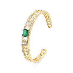 Green Cubic Zirconia Rectangle Open Cuff Bangle, Golden Brass Jewelry for Women, Nickel Free, Green, Inner Diameter: 2-1/8 inch(5.4cm)
