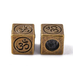 Античная Бронза Европейские сплавочные бусины тибетского стиля , бусины с большим отверстием, куб с символом ом, без кадмия, без никеля и без свинца, античная бронза, 8x8x8 мм, отверстие : 4.5 мм, Около 460 шт / 1000 г