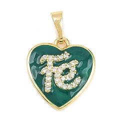 Морско-зеленый Подвески из латуни с микро-паве ко Дню святого Валентина, прозрачные циркониевые подвески, с эмалью, сердце со словом fe подвески, долговечный, стойки покрытие, без свинца и без кадмия, реальный 18 k позолоченный, цвета морской волны, 11x6.5x3 мм, отверстие : 3.2 мм