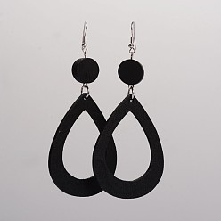 Black Trendy Teardrop Wood Dangle Earrings, with Platinum Plated Iron Earring Hooks, Black, 105x45mm, Pin: 0.8mm