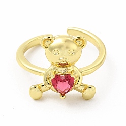 Camellia Glass Bear with Heart Open Cuff Ring, Golden Brass Jewelry for Women, Camellia, Inner Diameter: 17mm