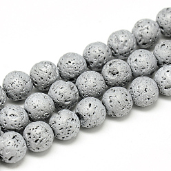 Platinum Plated Electroplate Natural Lava Rock Beads Strands, Matte Style, Round, Platinum Plated, 6~7mm, Hole: 1mm, about 60pcs/strand, 14.7~15.1 inch
