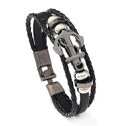 black Vintage Nautical Anchor Leather Bracelet for Men, Ethnic Style Personalized Wristband