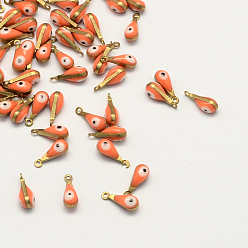 Coral Antique Golden Plated Brass Enamel Charms, Teardrop with Eye, Coral, 11x4x4mm, Hole: 1mm